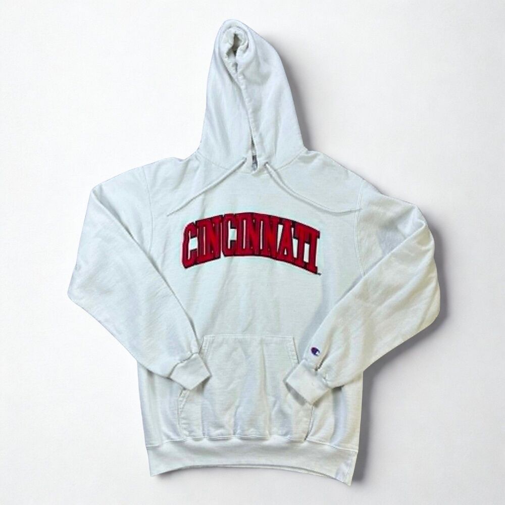 Champion Cincinnati Hoodie White Medium Embroidered Spell Out Pullover Y2K